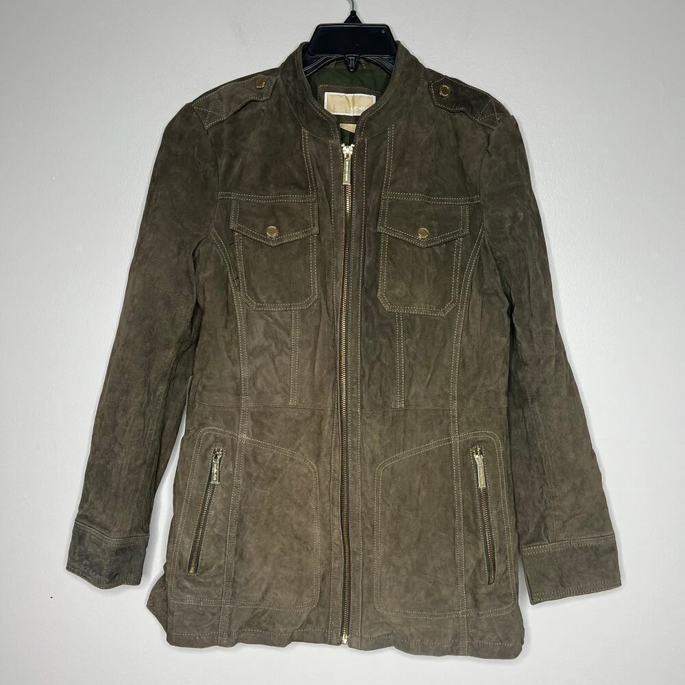 Michael Kors Suede Leather Jacket Vince Coat Full Zip Green *No Belt Large *Flaw